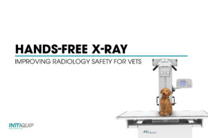 A promotional image for 'HANDS-FREE X-RAY' featuring a modern X-ray machine with a golden puppy sat on an operating table