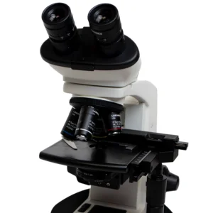 Close-up view of a professional microscope equipment with dual eyepieces